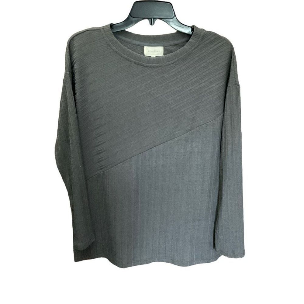Melloday Blouse Ribbed Knit Crew Neck in Dark Grey Shimmer Side Slits Women XS